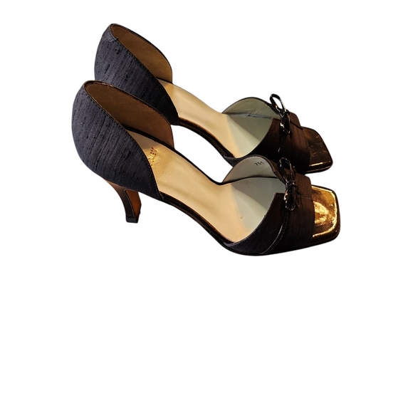 Shoes - Vintage Audley Black Satin Leather Bow Peep Toe Heels Size 37.5 (7.5B) W/Box